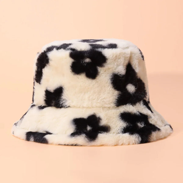 Floral Plush Bucket Hat Black