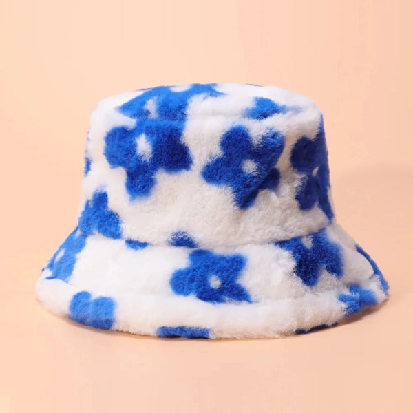 Floral Plush Bucket Hat Blue