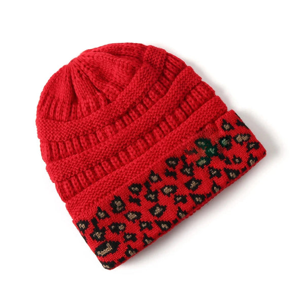 Leopard Cuff Knit Beanie Red