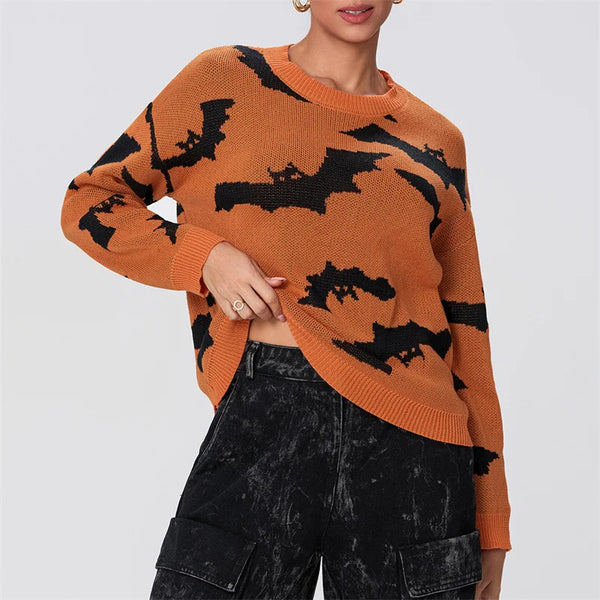 Lamuusaa Halloween Sweater y2k Women Bats Print Round Neck Long Sleeve Pullover Tops Soft Warm Clothes Fall Winter Streetwear