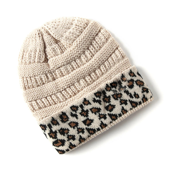 Leopard Cuff Knit Beanie Beige