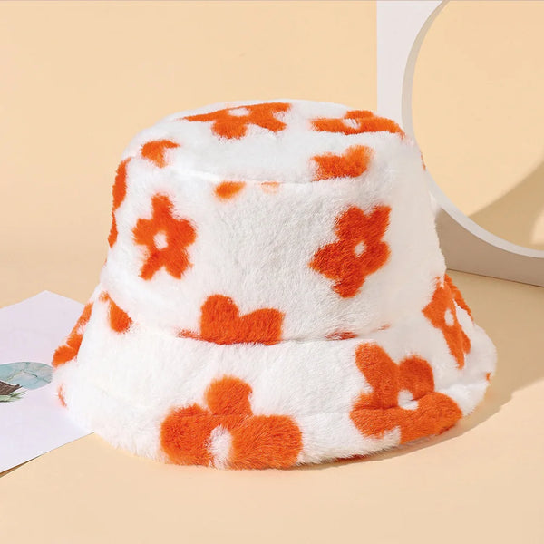 Floral Plush Bucket Hat Orange
