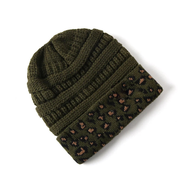Leopard Cuff Knit Beanie Army green