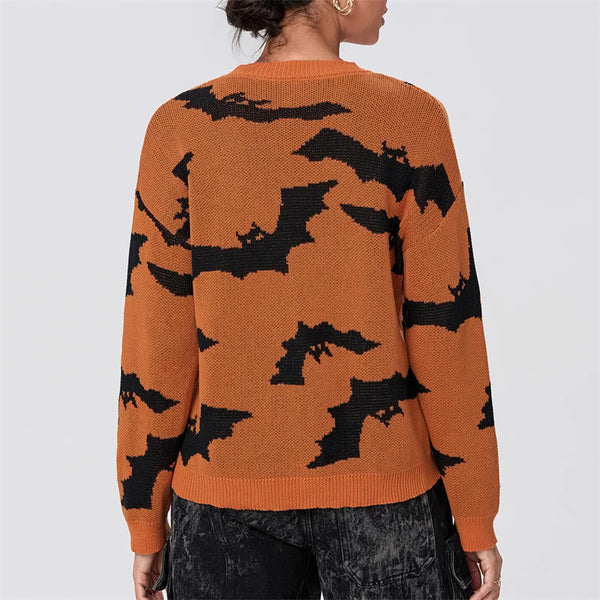 Lamuusaa Halloween Sweater y2k Women Bats Print Round Neck Long Sleeve Pullover Tops Soft Warm Clothes Fall Winter Streetwear