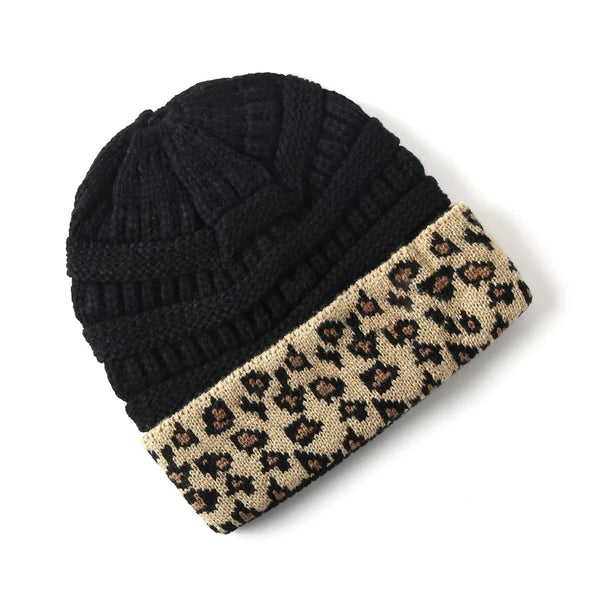 Leopard Cuff Knit Beanie Black