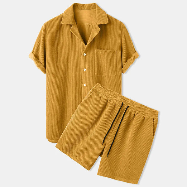 2 Piece Short Sleeve Corduroy Set Men Yellow / S