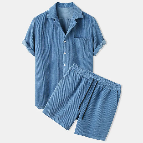 2 Piece Short Sleeve Corduroy Set Men Blue / S