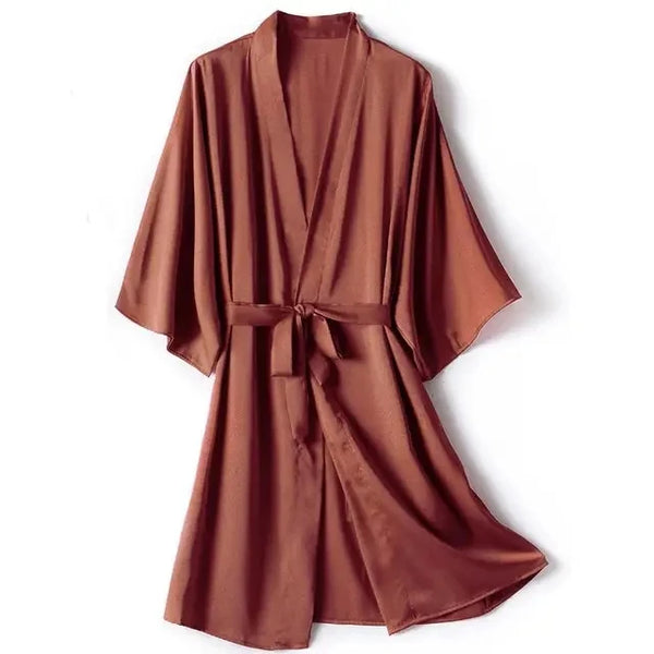 3Leaves Satin Kimono Robe Caramel / S