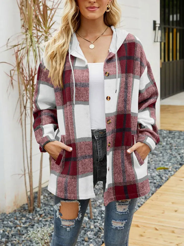 3Leaves Classic Plaid Hoodie Burgundy / S