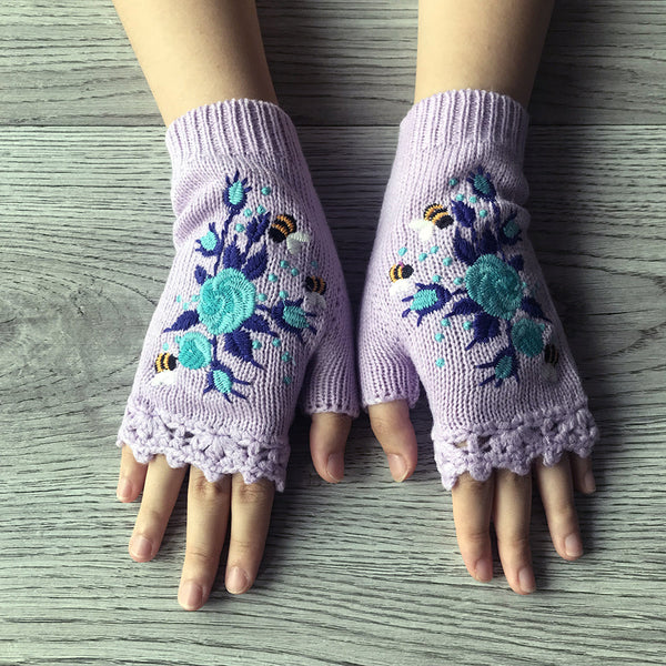 3Leaves Floral Fingerless Gloves Purple