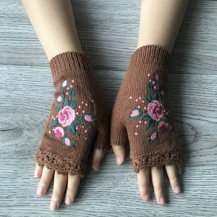 3Leaves Floral Fingerless Gloves Brown
