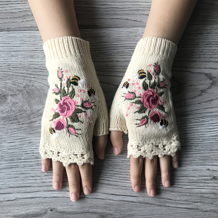 3Leaves Floral Fingerless Gloves White