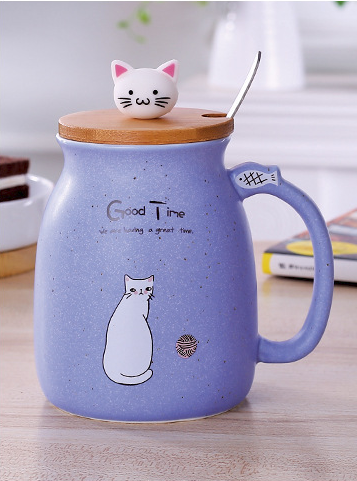 Kawaii Cat Coffee Cup with Lid Purple