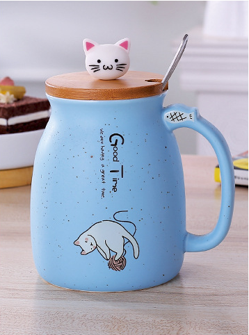Kawaii Cat Coffee Cup with Lid Blue
