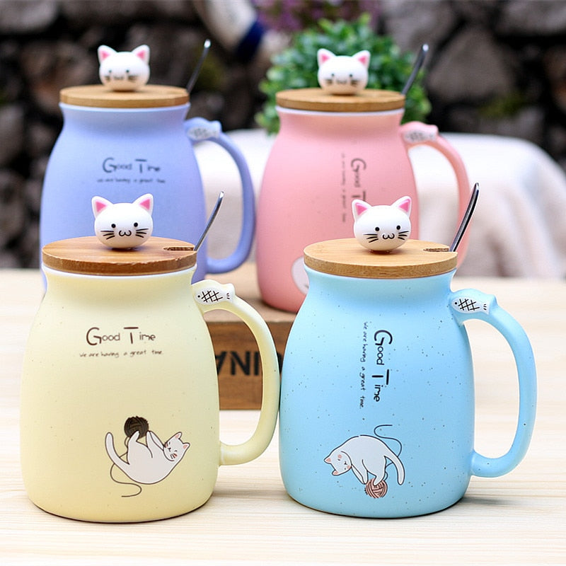 Kawaii Cat Coffee Cup with Lid