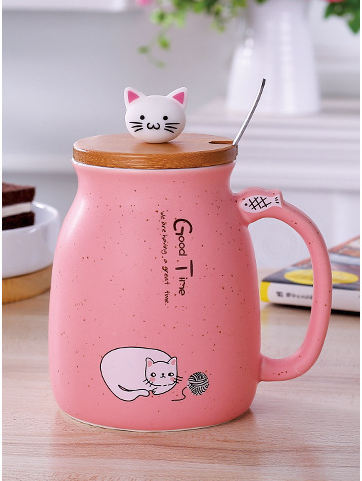Kawaii Cat Coffee Cup with Lid Pink