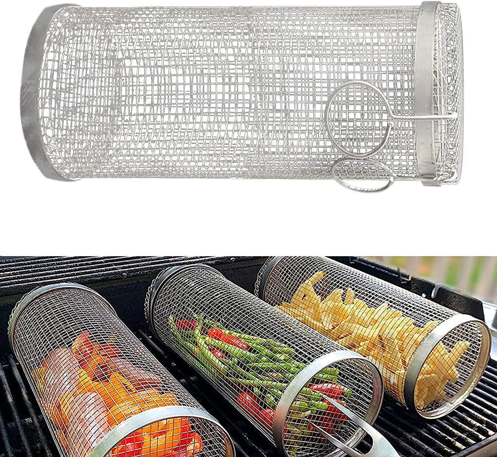 2PCS Rolling Grilling Basket, Stainless Steel Wire Mesh Cylinder Grill Basket, Round Grill Cooking Accessories, Outdoor Round BBQ Grill Mesh Portable Outdoor Camping Barbecue Rack (2PCS, 11.8 Inch)