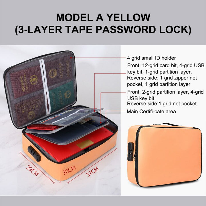 Fireproof Document Password Bag Travel Waterproof File Money Storage Safe Papers Zipper Safety Organizer Multi-Layer Card Case Yellow