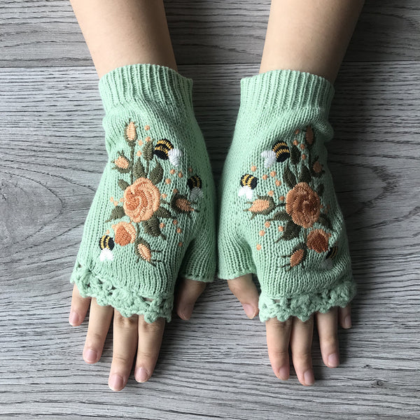 3Leaves Floral Fingerless Gloves Green