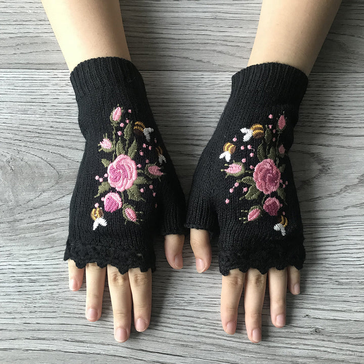3Leaves Floral Fingerless Gloves Black