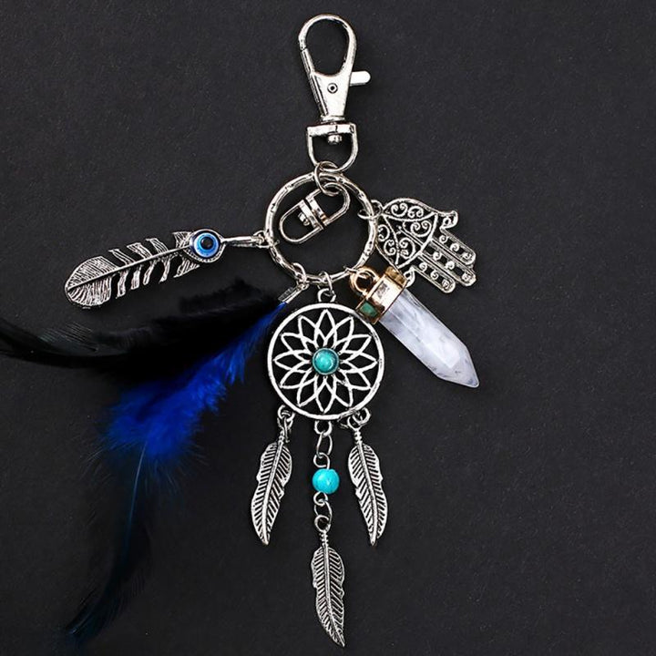 Dream Catcher Keychain with Quartz Stone Dark Blue Feather
