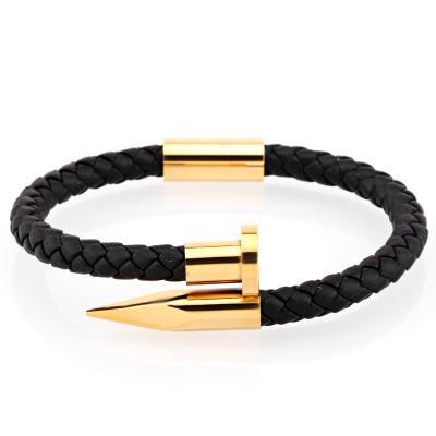 Nail Bracelet for Men Genuine Leather Gold / Black / S