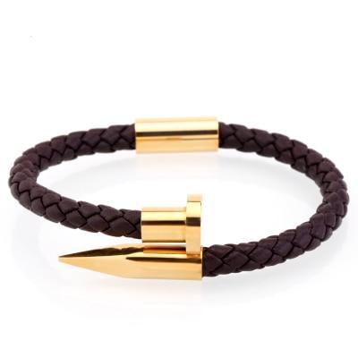 Nail Bracelet for Men Genuine Leather Gold / Brown / S