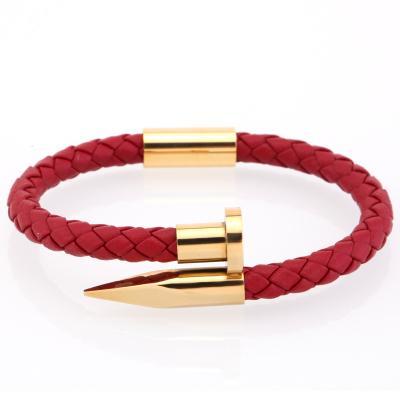 Nail Bracelet for Men Genuine Leather Gold / Red / M