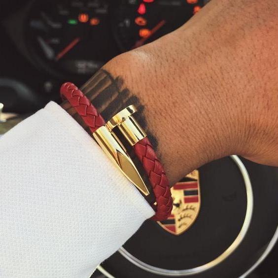 Nail Bracelet for Men Genuine Leather Gold / Red / S