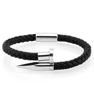 Nail Bracelet for Men Genuine Leather Silver / Black / S