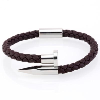 Nail Bracelet for Men Genuine Leather Silver / Brown / S