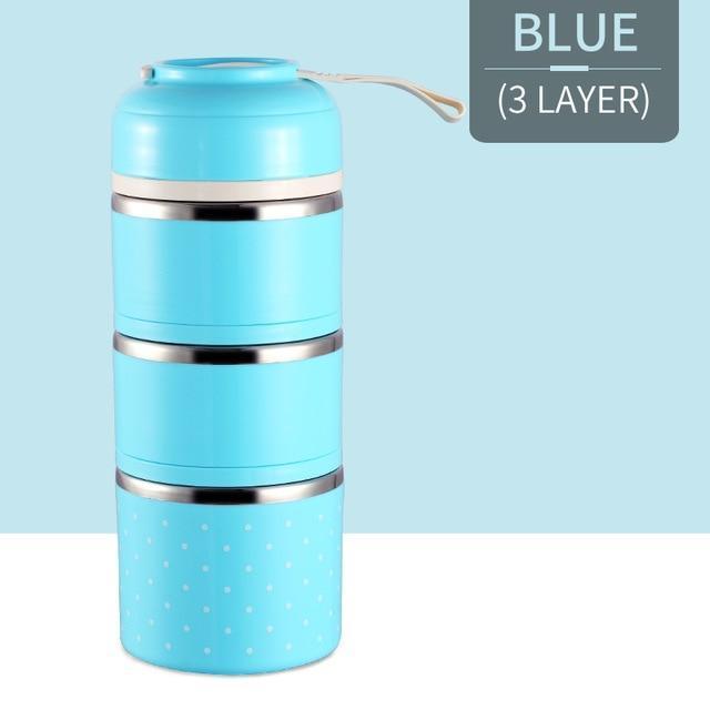 Cute Japanese Thermal Lunch Box Leak-Proof Stainless Steel Blue / 3 Layers