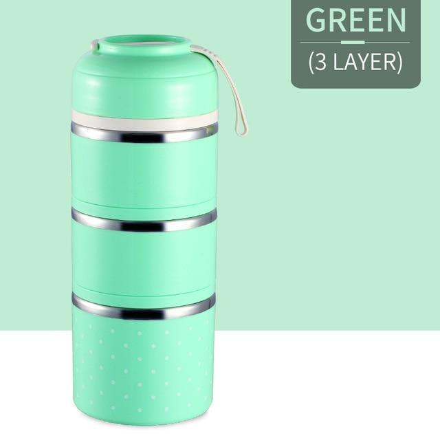 Cute Japanese Thermal Lunch Box Leak-Proof Stainless Steel Green / 3 Layers