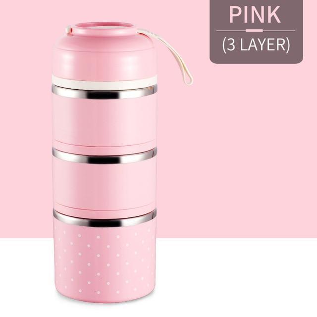 Cute Japanese Thermal Lunch Box Leak-Proof Stainless Steel PInk / 3 Layers