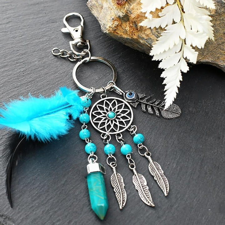 Dream Catcher Keychain with Quartz Stone Turquoise Feather