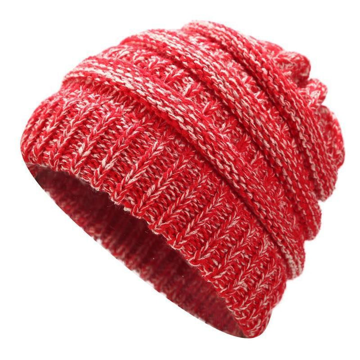 Messy Bun Beanie Red and Beige